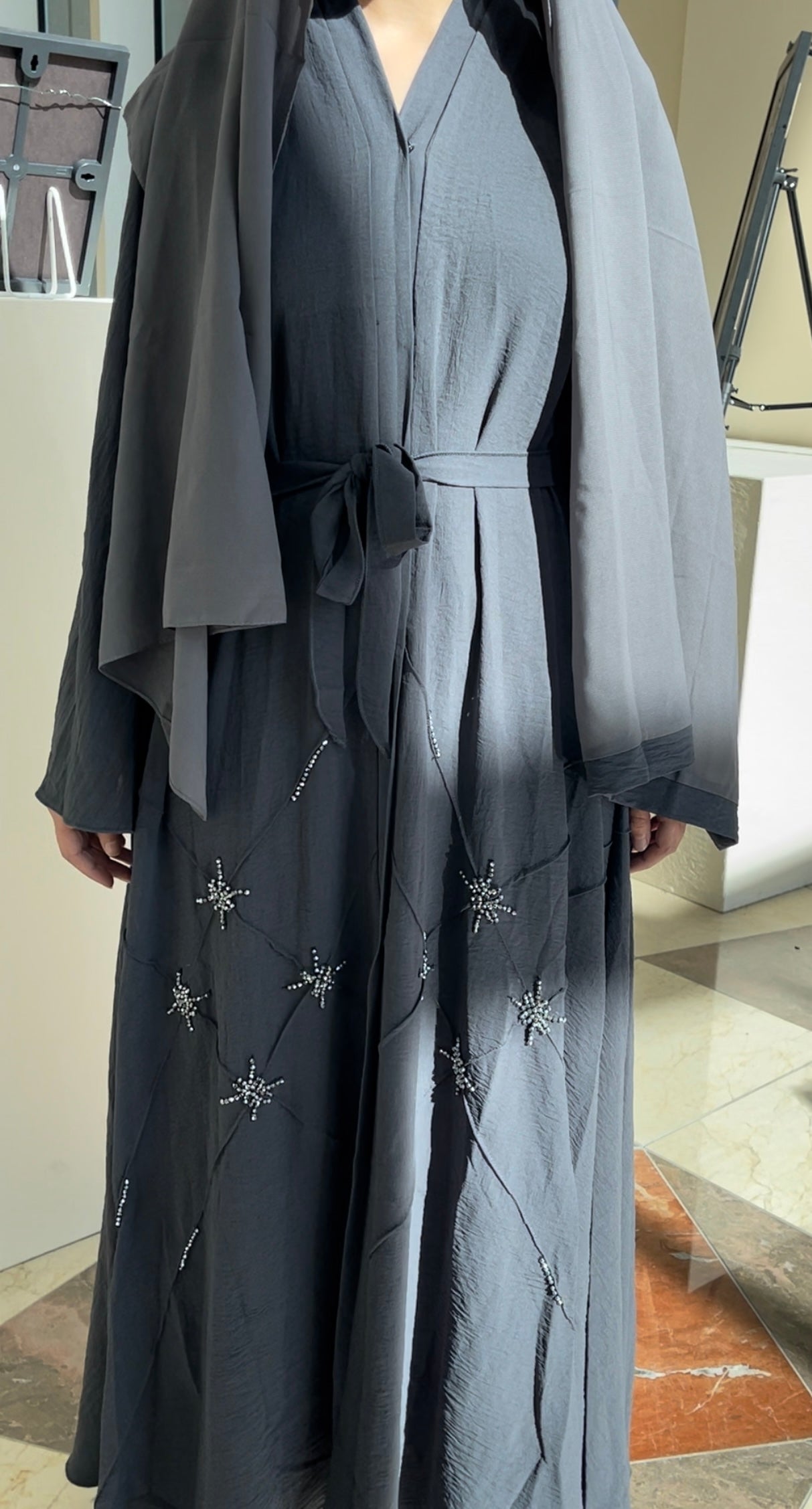 Grey Rhinestone Abaya